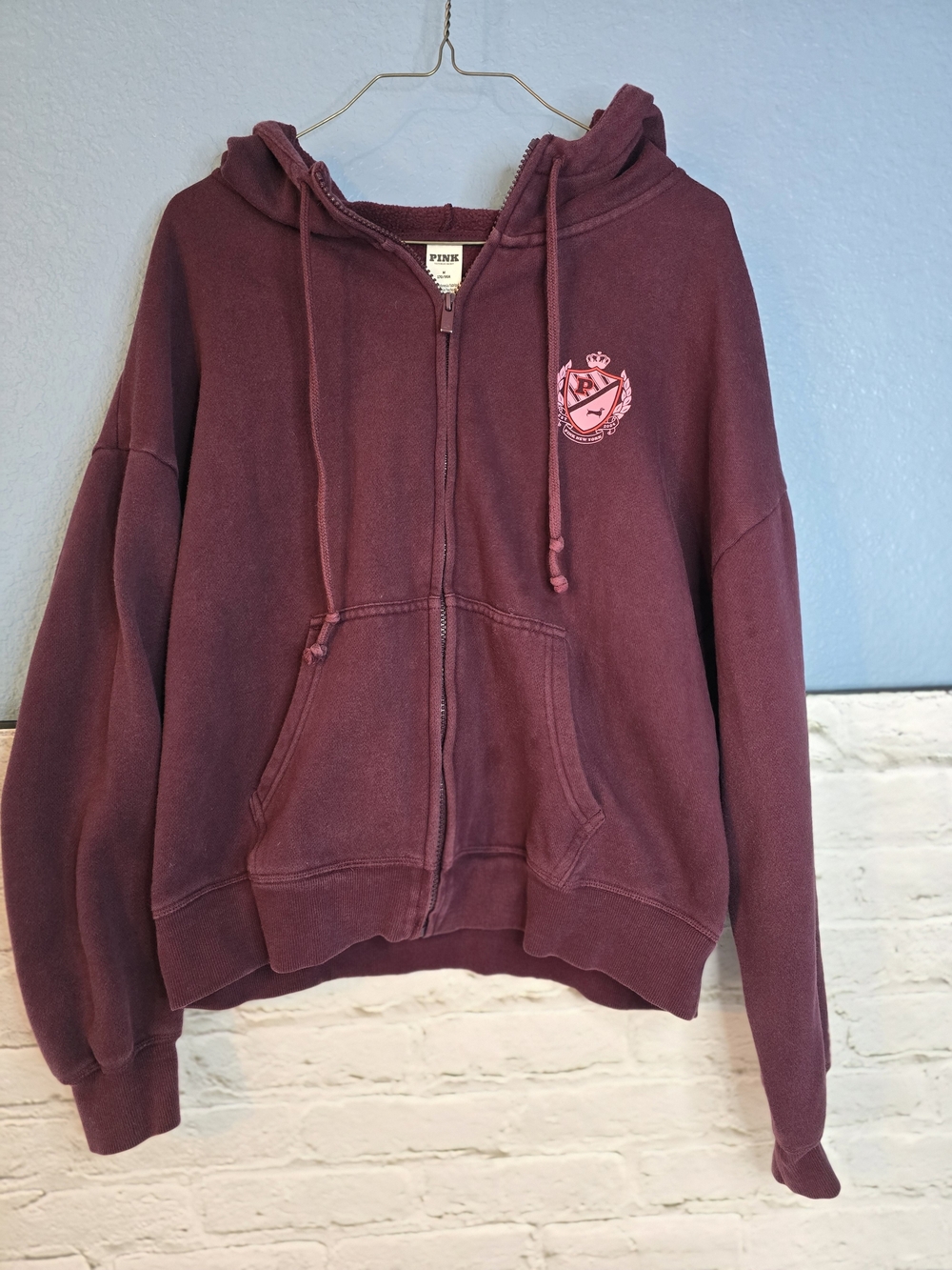 PINK Victoria's Secret Maroon Zip-Up Hoodie with Crest Emblem